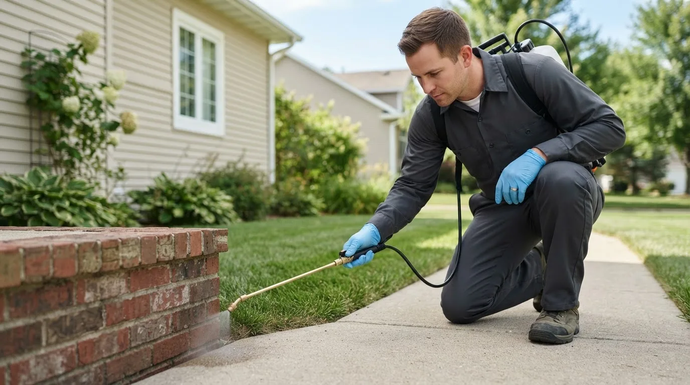 Pest control technician treating a home near Prophetstown, IL